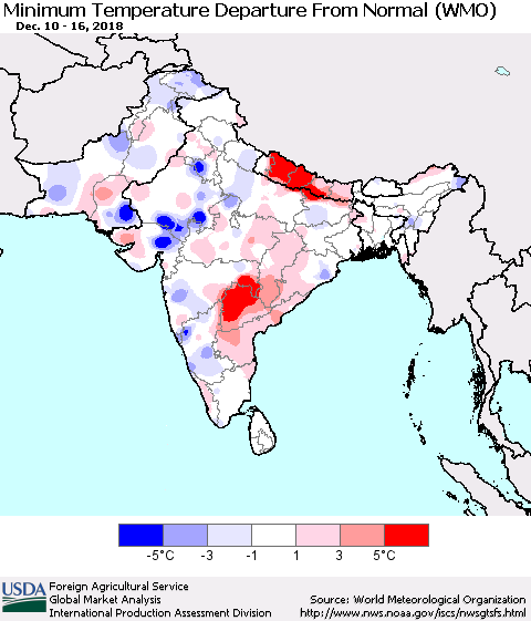 Southern Asia Mean Minimum Temperature Departure from Normal (WMO) Thematic Map For 12/10/2018 - 12/16/2018