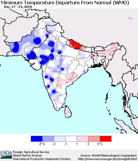 Southern Asia Mean Minimum Temperature Departure from Normal (WMO) Thematic Map For 12/17/2018 - 12/23/2018
