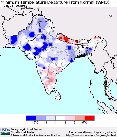 Southern Asia Mean Minimum Temperature Departure from Normal (WMO) Thematic Map For 12/24/2018 - 12/30/2018