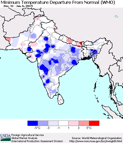 Southern Asia Mean Minimum Temperature Departure from Normal (WMO) Thematic Map For 12/31/2018 - 1/6/2019