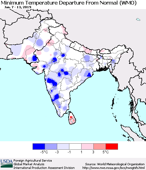 Southern Asia Mean Minimum Temperature Departure from Normal (WMO) Thematic Map For 1/7/2019 - 1/13/2019