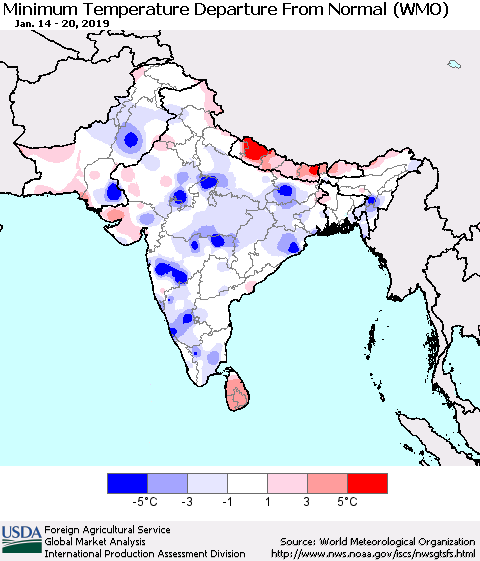 Southern Asia Mean Minimum Temperature Departure from Normal (WMO) Thematic Map For 1/14/2019 - 1/20/2019