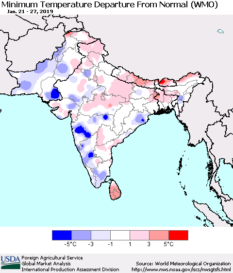 Southern Asia Mean Minimum Temperature Departure from Normal (WMO) Thematic Map For 1/21/2019 - 1/27/2019
