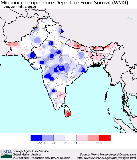 Southern Asia Mean Minimum Temperature Departure from Normal (WMO) Thematic Map For 1/28/2019 - 2/3/2019