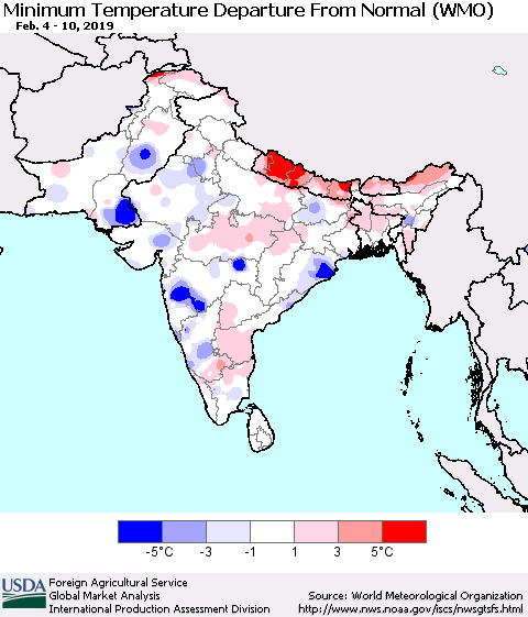 Southern Asia Mean Minimum Temperature Departure from Normal (WMO) Thematic Map For 2/4/2019 - 2/10/2019
