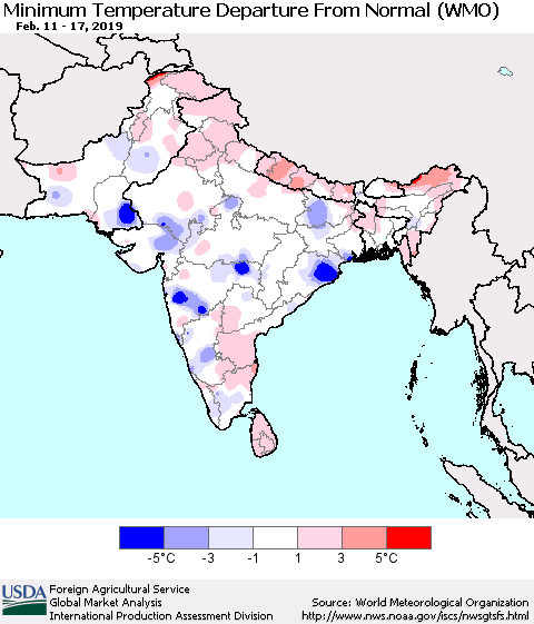 Southern Asia Mean Minimum Temperature Departure from Normal (WMO) Thematic Map For 2/11/2019 - 2/17/2019