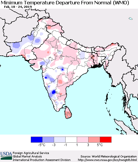 Southern Asia Mean Minimum Temperature Departure from Normal (WMO) Thematic Map For 2/18/2019 - 2/24/2019