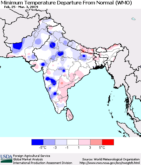 Southern Asia Mean Minimum Temperature Departure from Normal (WMO) Thematic Map For 2/25/2019 - 3/3/2019