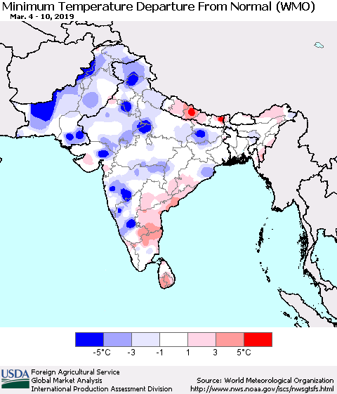 Southern Asia Mean Minimum Temperature Departure from Normal (WMO) Thematic Map For 3/4/2019 - 3/10/2019