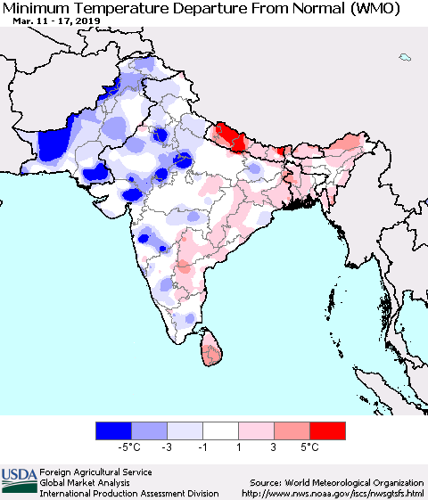 Southern Asia Mean Minimum Temperature Departure from Normal (WMO) Thematic Map For 3/11/2019 - 3/17/2019