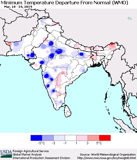 Southern Asia Mean Minimum Temperature Departure from Normal (WMO) Thematic Map For 3/18/2019 - 3/24/2019