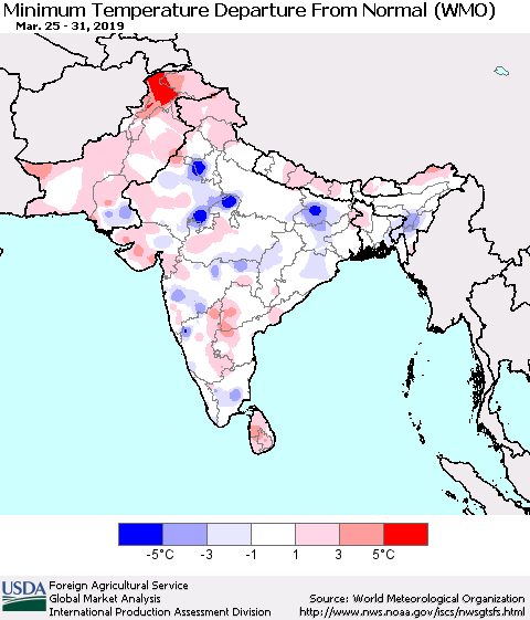 Southern Asia Mean Minimum Temperature Departure from Normal (WMO) Thematic Map For 3/25/2019 - 3/31/2019