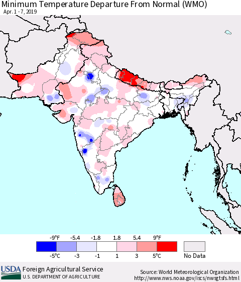 Southern Asia Mean Minimum Temperature Departure from Normal (WMO) Thematic Map For 4/1/2019 - 4/7/2019