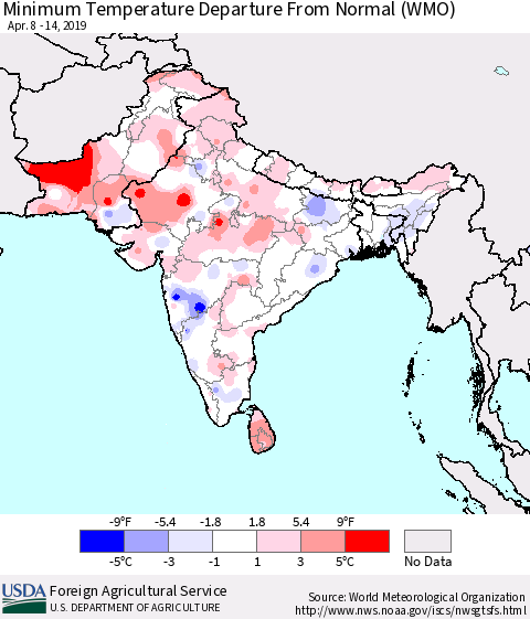 Southern Asia Mean Minimum Temperature Departure from Normal (WMO) Thematic Map For 4/8/2019 - 4/14/2019