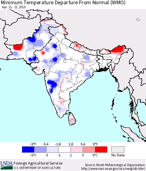 Southern Asia Mean Minimum Temperature Departure from Normal (WMO) Thematic Map For 4/15/2019 - 4/21/2019