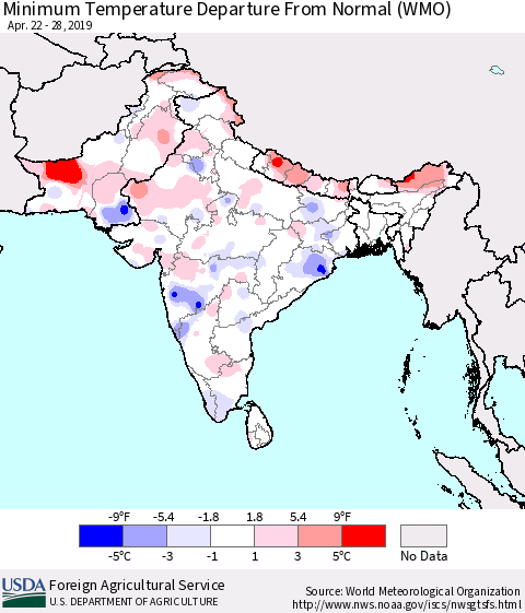 Southern Asia Mean Minimum Temperature Departure from Normal (WMO) Thematic Map For 4/22/2019 - 4/28/2019