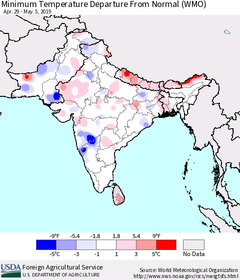 Southern Asia Mean Minimum Temperature Departure from Normal (WMO) Thematic Map For 4/29/2019 - 5/5/2019
