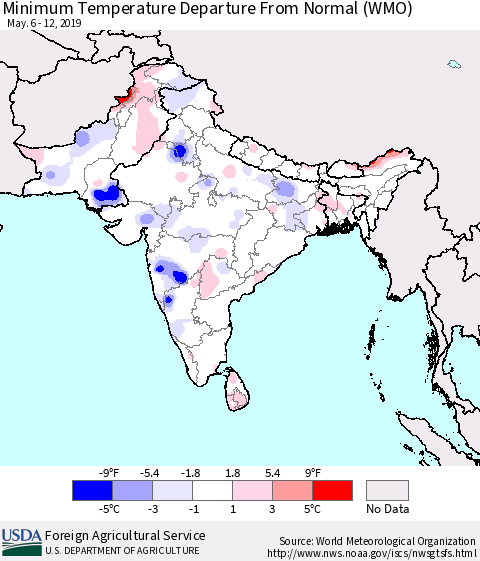 Southern Asia Mean Minimum Temperature Departure from Normal (WMO) Thematic Map For 5/6/2019 - 5/12/2019