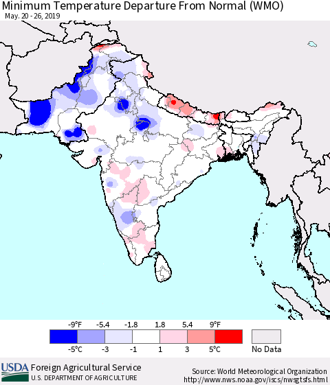Southern Asia Minimum Temperature Departure From Normal (WMO) Thematic Map For 5/20/2019 - 5/26/2019