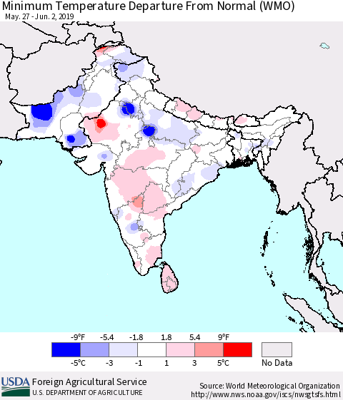 Southern Asia Minimum Temperature Departure From Normal (WMO) Thematic Map For 5/27/2019 - 6/2/2019