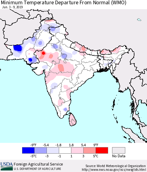 Southern Asia Minimum Temperature Departure From Normal (WMO) Thematic Map For 6/3/2019 - 6/9/2019