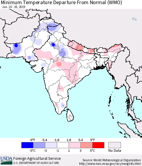 Southern Asia Minimum Temperature Departure From Normal (WMO) Thematic Map For 6/10/2019 - 6/16/2019