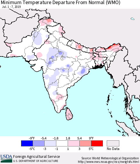 Southern Asia Mean Minimum Temperature Departure from Normal (WMO) Thematic Map For 7/1/2019 - 7/7/2019