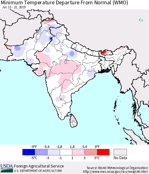 Southern Asia Minimum Temperature Departure From Normal (WMO) Thematic Map For 7/15/2019 - 7/21/2019