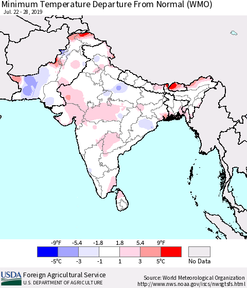 Southern Asia Minimum Temperature Departure From Normal (WMO) Thematic Map For 7/22/2019 - 7/28/2019