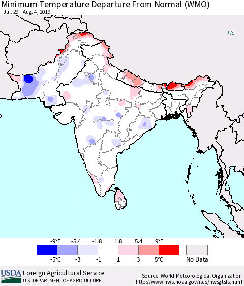 Southern Asia Minimum Temperature Departure From Normal (WMO) Thematic Map For 7/29/2019 - 8/4/2019