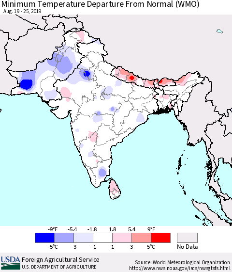 Southern Asia Minimum Temperature Departure From Normal (WMO) Thematic Map For 8/19/2019 - 8/25/2019