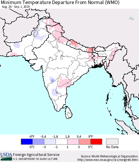 Southern Asia Mean Minimum Temperature Departure from Normal (WMO) Thematic Map For 8/26/2019 - 9/1/2019
