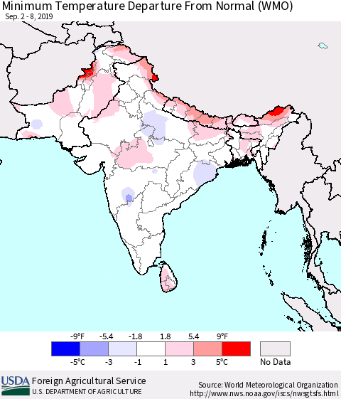 Southern Asia Minimum Temperature Departure From Normal (WMO) Thematic Map For 9/2/2019 - 9/8/2019