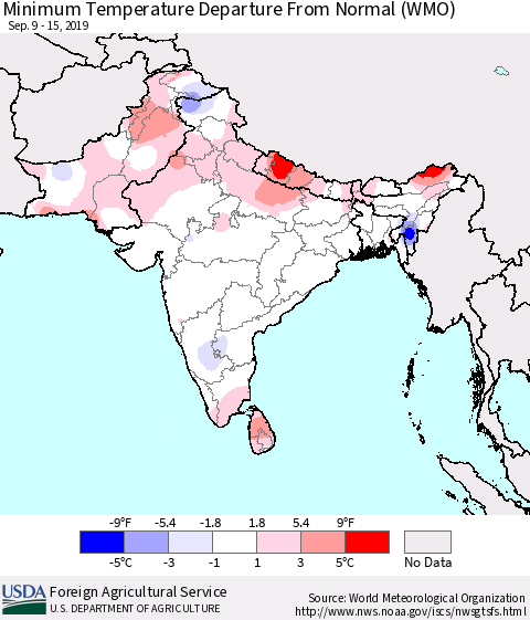 Southern Asia Minimum Temperature Departure From Normal (WMO) Thematic Map For 9/9/2019 - 9/15/2019