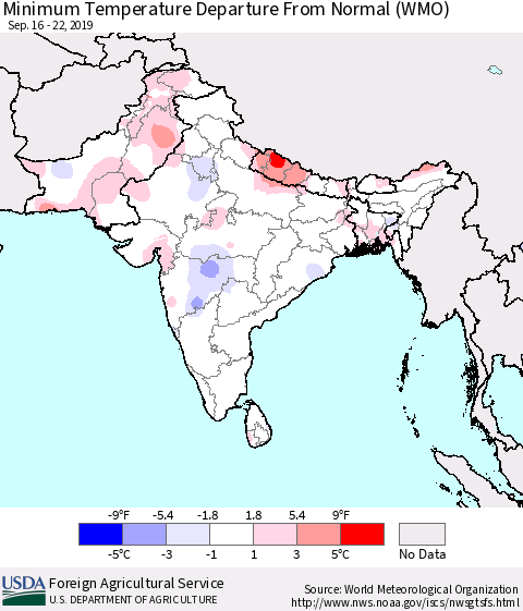 Southern Asia Minimum Temperature Departure From Normal (WMO) Thematic Map For 9/16/2019 - 9/22/2019
