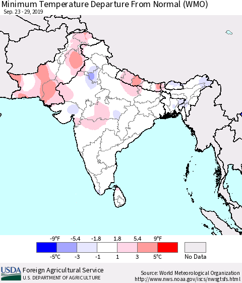 Southern Asia Mean Minimum Temperature Departure from Normal (WMO) Thematic Map For 9/23/2019 - 9/29/2019