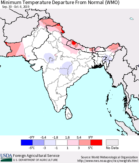 Southern Asia Mean Minimum Temperature Departure from Normal (WMO) Thematic Map For 9/30/2019 - 10/6/2019