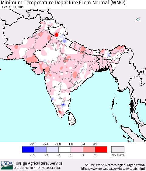 Southern Asia Minimum Temperature Departure From Normal (WMO) Thematic Map For 10/7/2019 - 10/13/2019