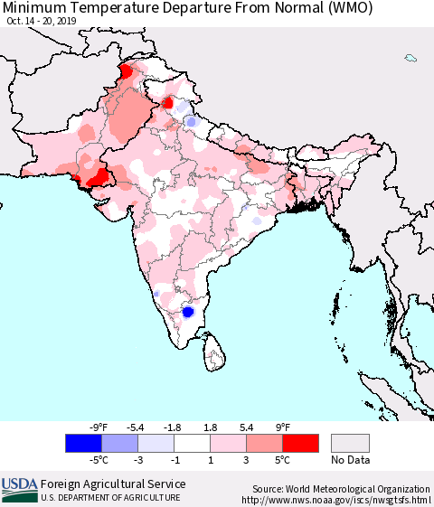Southern Asia Minimum Temperature Departure From Normal (WMO) Thematic Map For 10/14/2019 - 10/20/2019