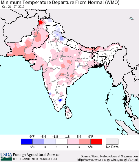 Southern Asia Mean Minimum Temperature Departure from Normal (WMO) Thematic Map For 10/21/2019 - 10/27/2019