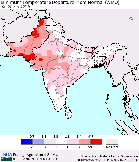 Southern Asia Mean Minimum Temperature Departure from Normal (WMO) Thematic Map For 10/28/2019 - 11/3/2019