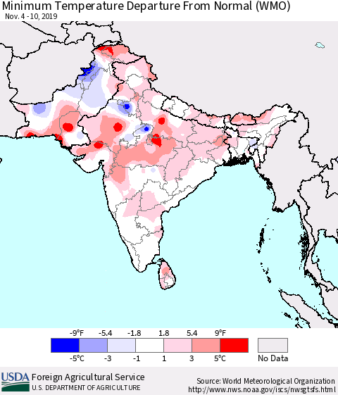 Southern Asia Minimum Temperature Departure From Normal (WMO) Thematic Map For 11/4/2019 - 11/10/2019
