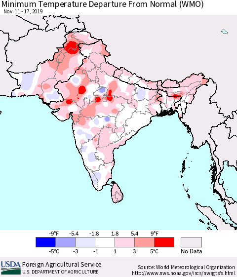Southern Asia Mean Minimum Temperature Departure from Normal (WMO) Thematic Map For 11/11/2019 - 11/17/2019