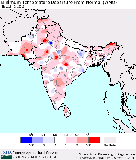 Southern Asia Minimum Temperature Departure From Normal (WMO) Thematic Map For 11/18/2019 - 11/24/2019