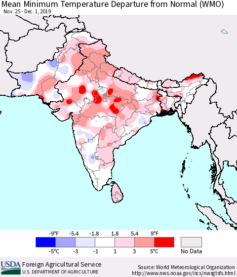 Southern Asia Mean Minimum Temperature Departure from Normal (WMO) Thematic Map For 11/25/2019 - 12/1/2019