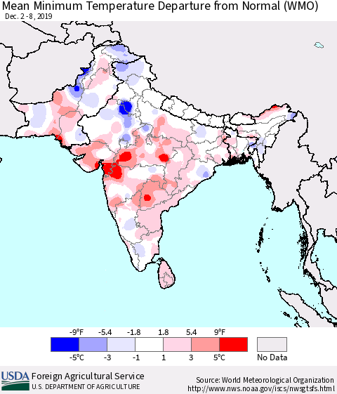Southern Asia Mean Minimum Temperature Departure from Normal (WMO) Thematic Map For 12/2/2019 - 12/8/2019