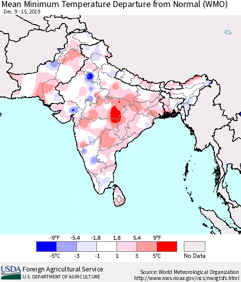 Southern Asia Minimum Temperature Departure From Normal (WMO) Thematic Map For 12/9/2019 - 12/15/2019
