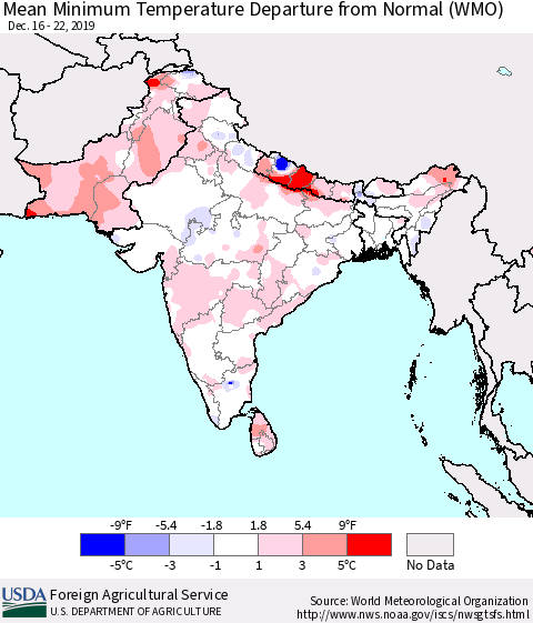 Southern Asia Mean Minimum Temperature Departure from Normal (WMO) Thematic Map For 12/16/2019 - 12/22/2019