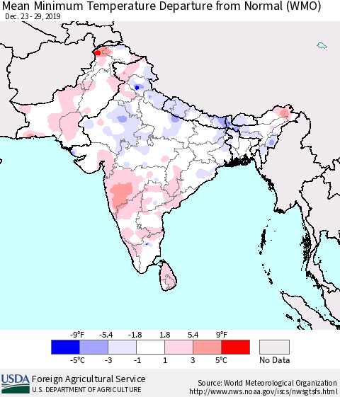 Southern Asia Minimum Temperature Departure From Normal (WMO) Thematic Map For 12/23/2019 - 12/29/2019