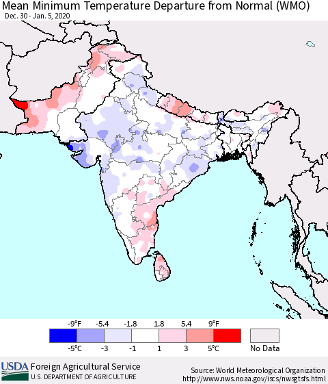 Southern Asia Mean Minimum Temperature Departure from Normal (WMO) Thematic Map For 12/30/2019 - 1/5/2020